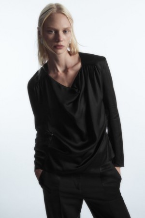 Black Cos Draped Cowl-neck Satin Top | ATDQM4187