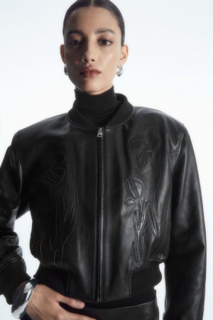 Black Cos Oversized Appliqued Leather Bomber Jacket | AOJWX9136