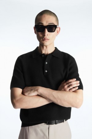 Black Cos Textured Knitted Polo Shirt | IABGF7924