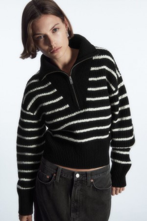 Black / White Cos Half-zip Funnel-neck Wool Sweater | ICLJE8325