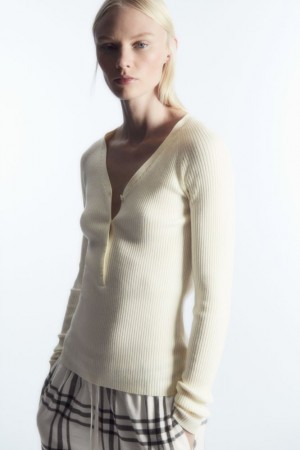 Cream Cos V-neck Ribbed Wool Henley Top | ZTMUO4906