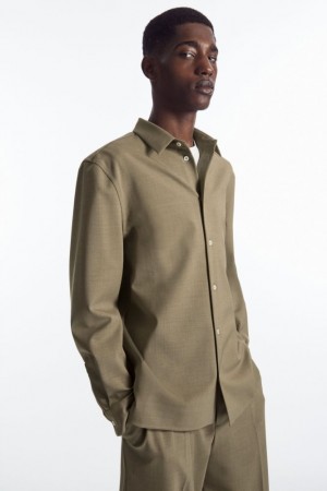 Dark Beige Cos Relaxed Wool-blend Shirt | YQJNF5801