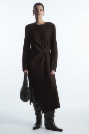 Dark Brown Cos Power-shoulder Midi Dress | SDRBQ7892