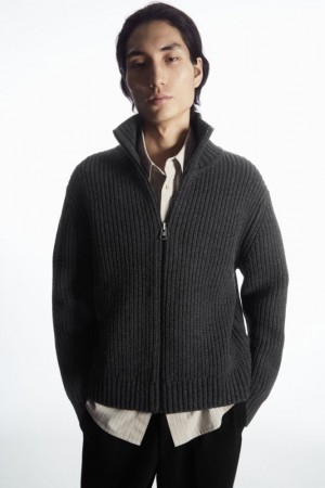 Dark Grey Cos Funnel-neck Knitted Wool Jacket | EZJDM6412