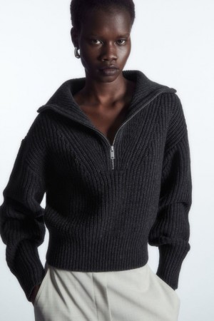 Dark Grey Cos Half-zip Funnel-neck Wool Sweater | YSQPJ3671