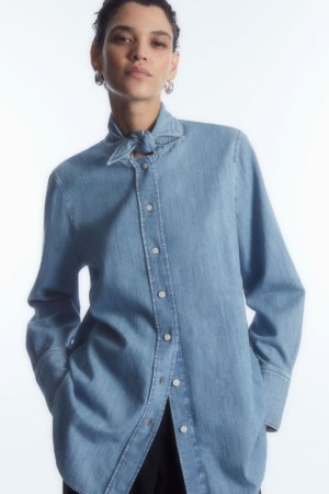 Light Blue Cos Tie-neck Dagger-collar Denim Shirt | NPSIL3948