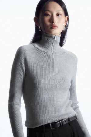 Light Grey Cos Ribbed Wool Half-zip Top | ZGULX3014