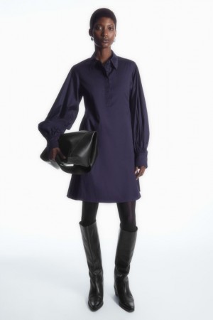 Navy Cos Gathered-sleeve Mini Shirt Dress | NWULH8476