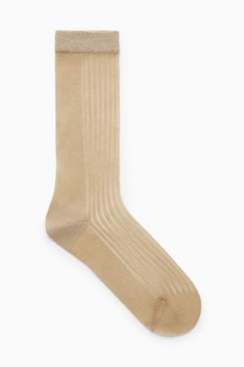 Beige / Gold Cos Ribbed Sheer Socks | ABZSM7843