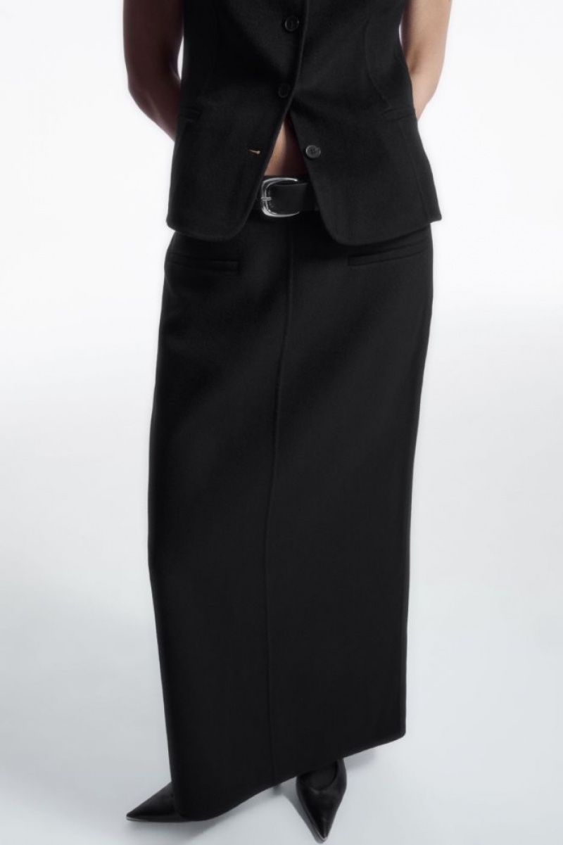 Black Cos Double-faced Wool Column Maxi Skirt | IQCMU2543