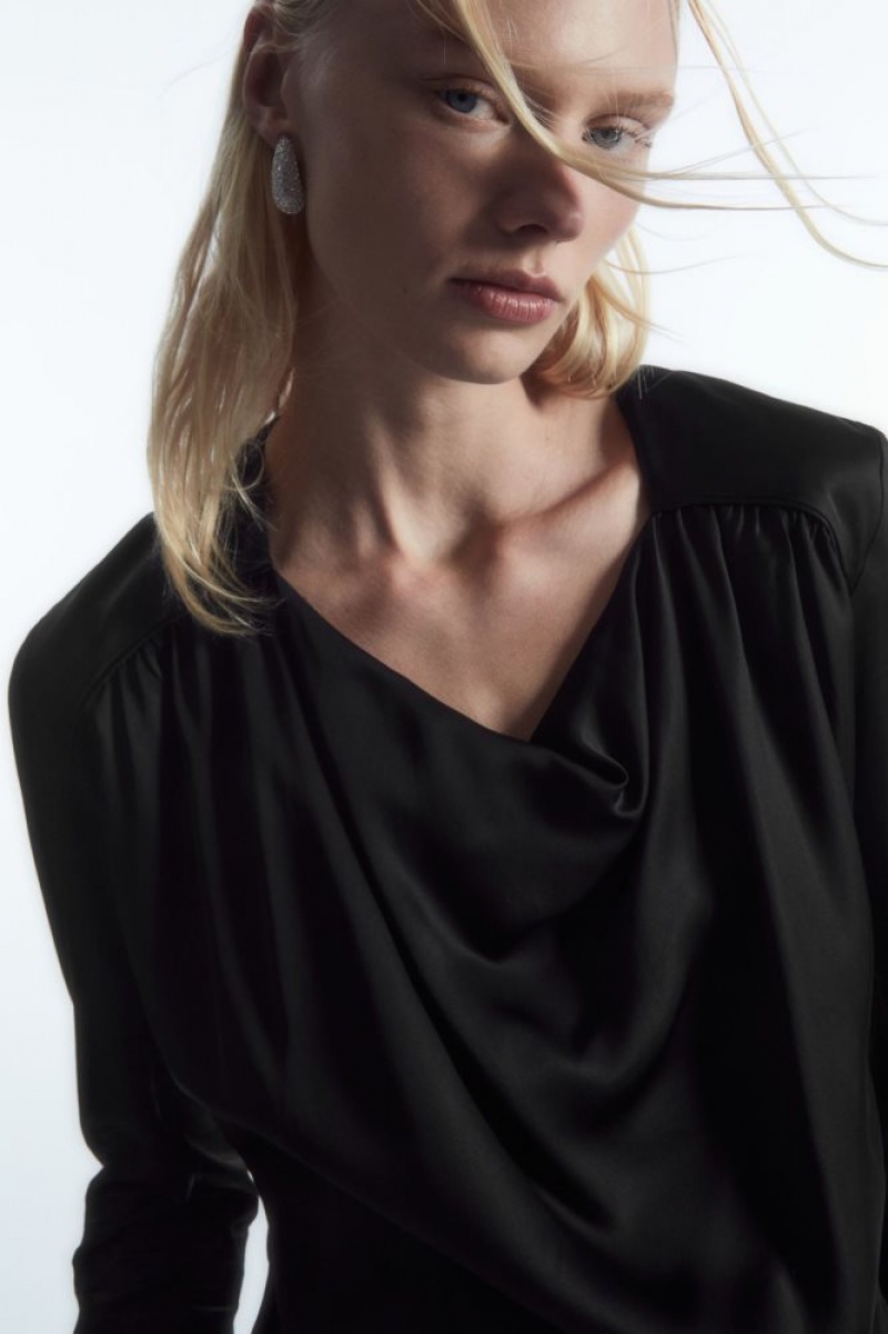 Black Cos Draped Cowl-neck Satin Top | ATDQM4187