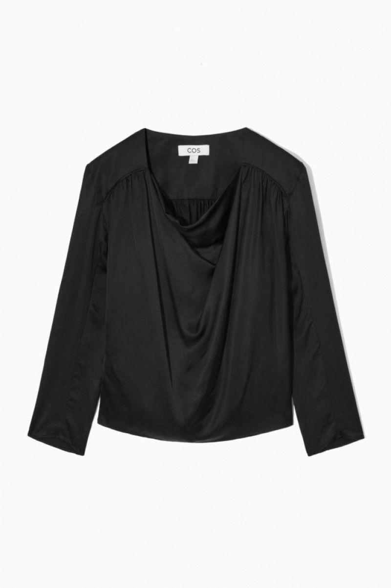 Black Cos Draped Cowl-neck Satin Top | ATDQM4187