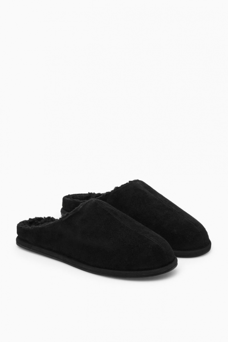 Black Cos Fleece-lined Suede Slippers | UZEKV2786