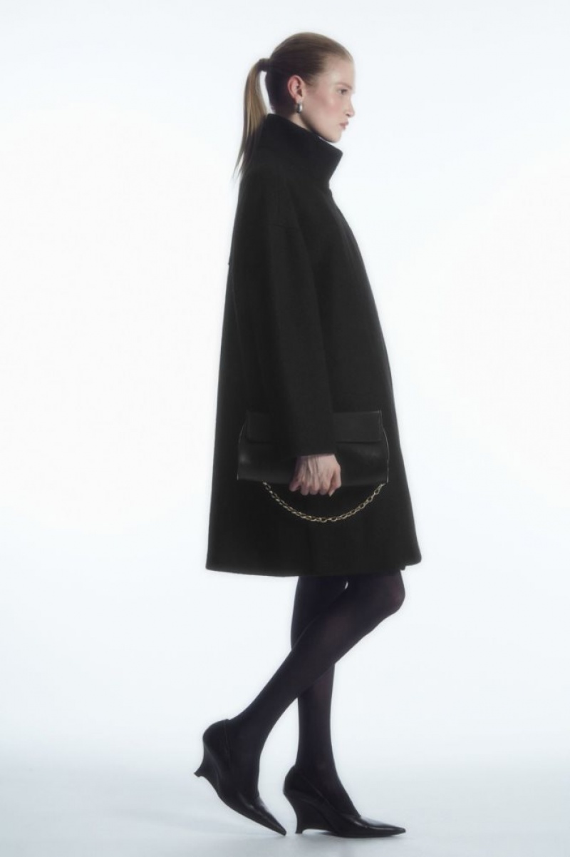 Black Cos Funnel-neck Boiled-wool Coat | IFVUX8752