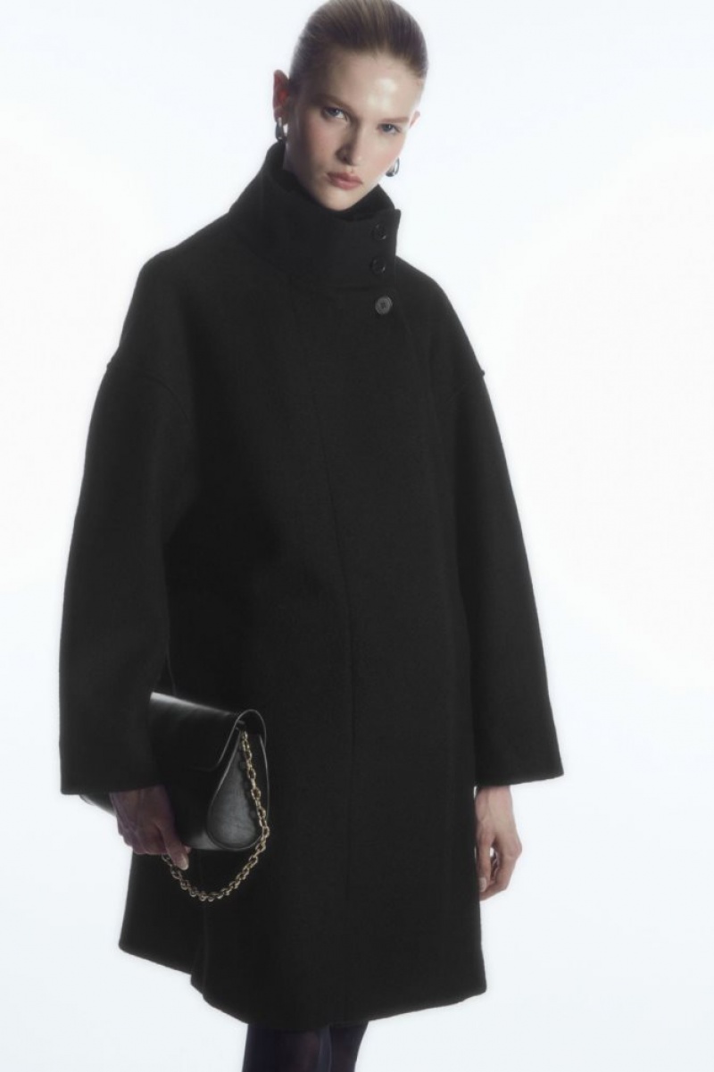 Black Cos Funnel-neck Boiled-wool Coat | IFVUX8752