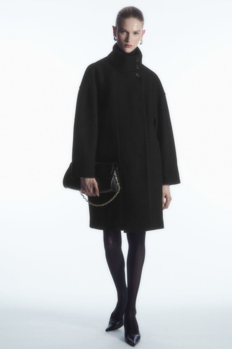 Black Cos Funnel-neck Boiled-wool Coat | IFVUX8752