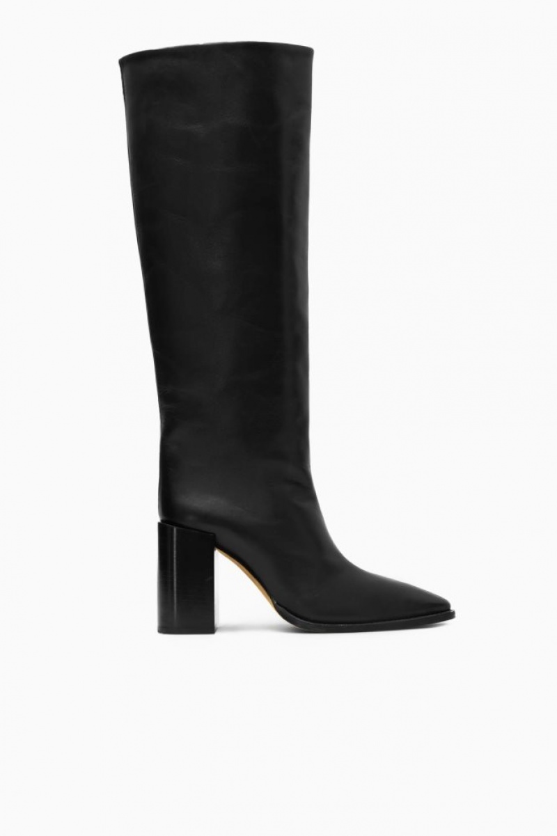 Black Cos Knee-high Pointed Leather Boots | XAOPY0892