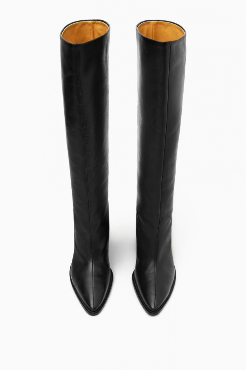 Black Cos Knee-high Pointed Leather Boots | TEDWK3749