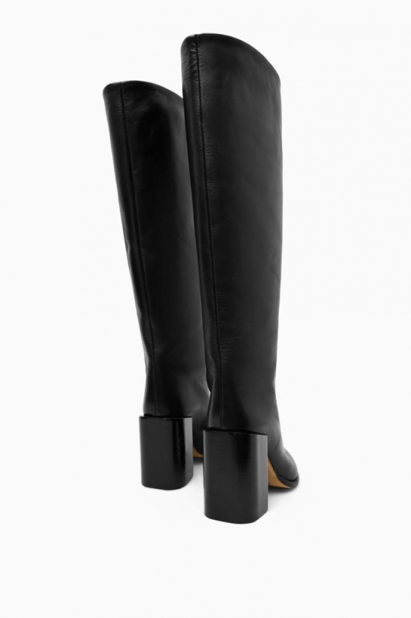 Black Cos Knee-high Pointed Leather Boots | TEDWK3749