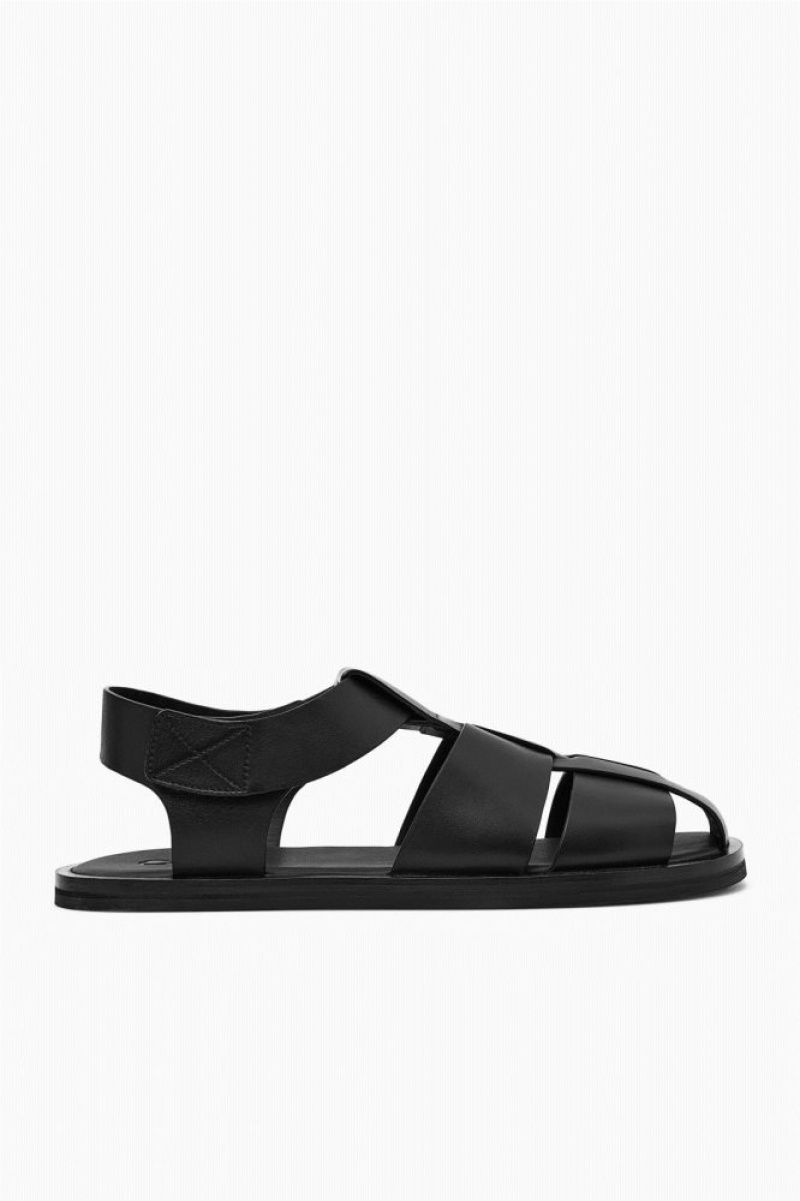 Black Cos Leather Fisherman Sandals | JICPX0649