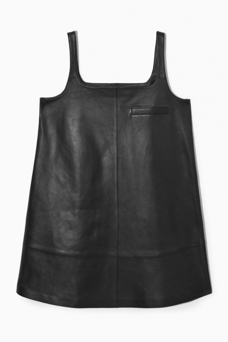 Black Cos Leather Mini Pinafore Dress | FQJYG1098