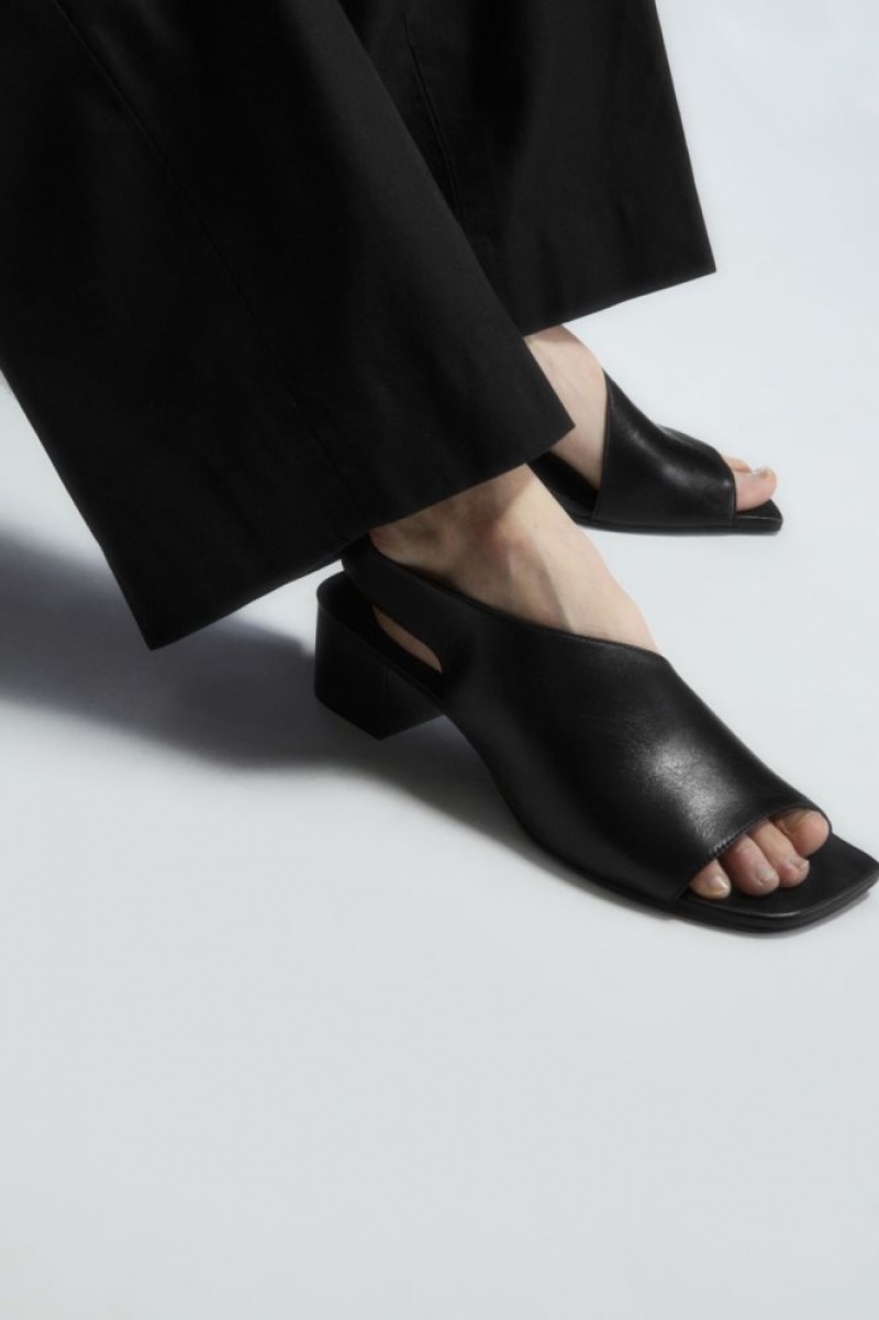 Black Cos Leather Slingback Block-heel Sandals | LBSUJ5176