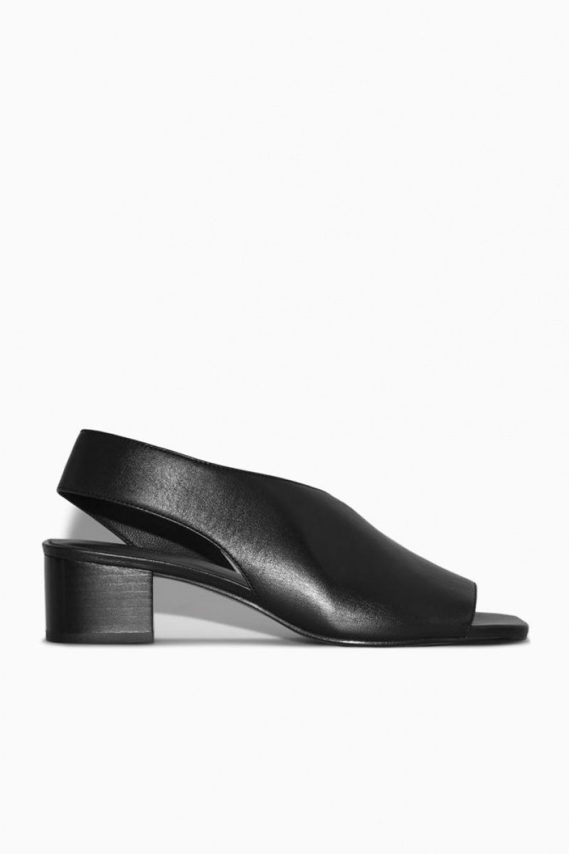 Black Cos Leather Slingback Block-heel Sandals | LBSUJ5176