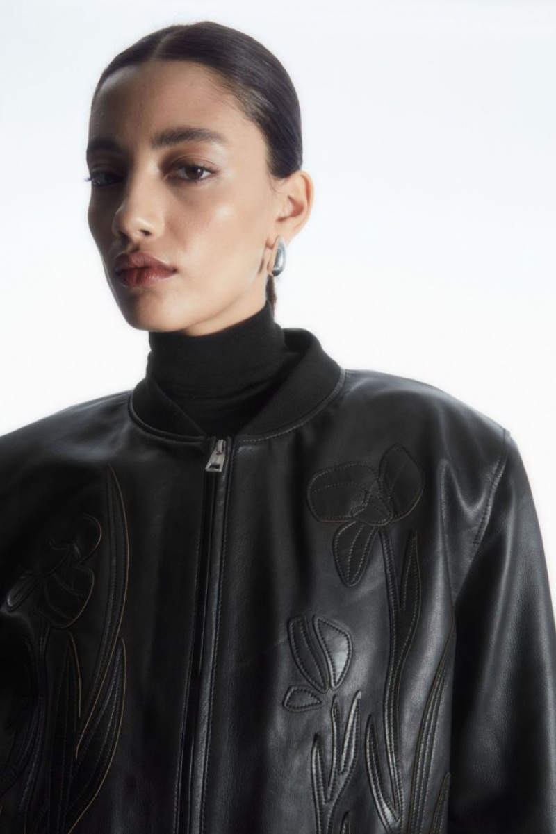 Black Cos Oversized Appliqued Leather Bomber Jacket | AOJWX9136