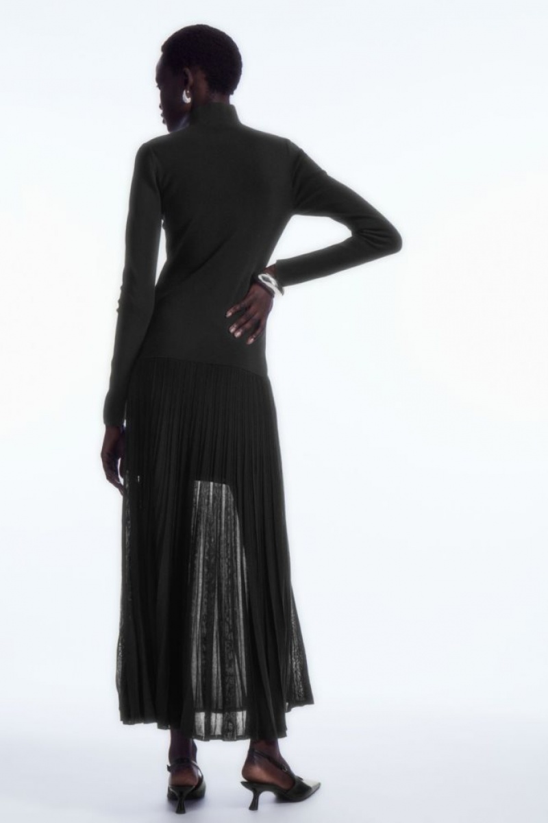 Black Cos Pleated Knitted Turtleneck Maxi Dress | ODVQM3640