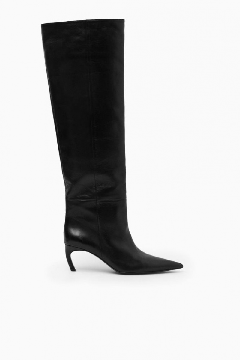 Black Cos Pointed-toe Leather Knee-high Boots | HECSA7829