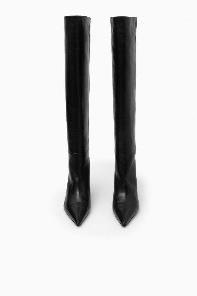 Black Cos Pointed-toe Leather Knee-high Boots | HECSA7829