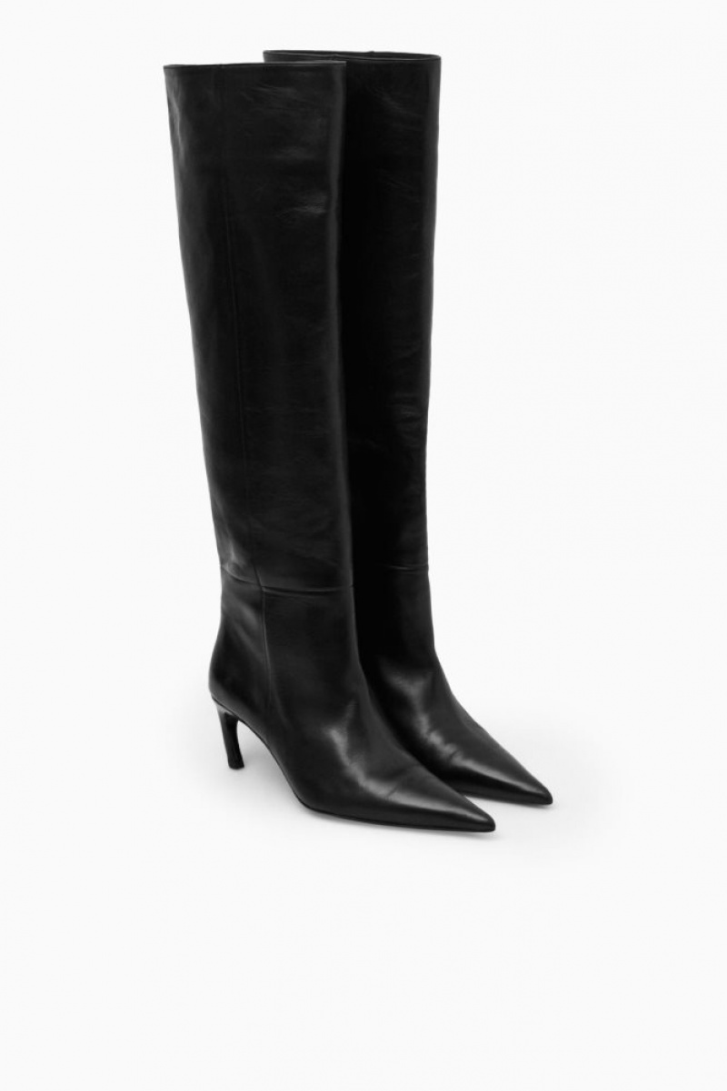 Black Cos Pointed-toe Leather Knee-high Boots | HECSA7829