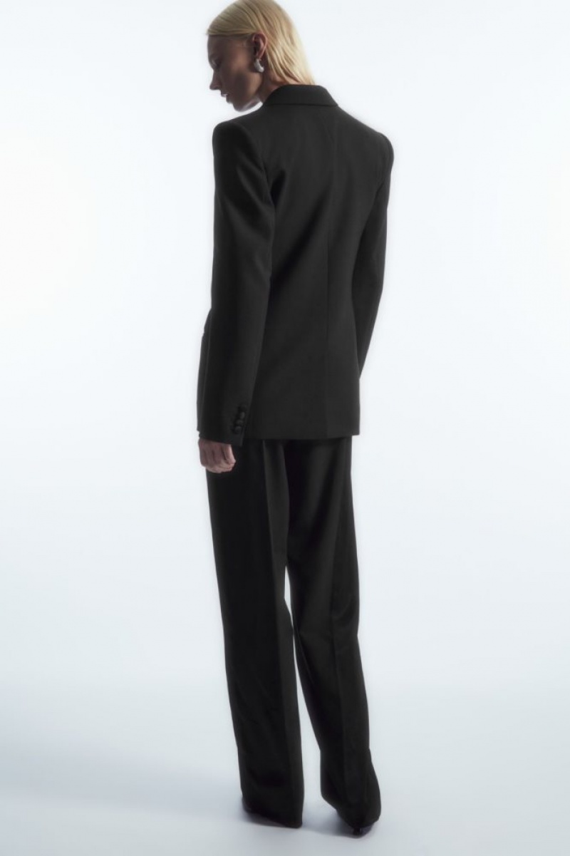 Black Cos Power-shoulder Wool Tuxedo Blazer | QVEPU8564