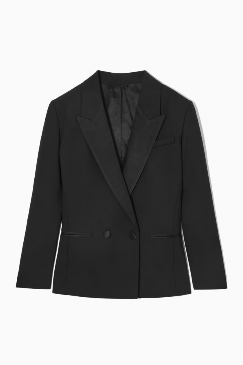 Black Cos Power-shoulder Wool Tuxedo Blazer | QVEPU8564