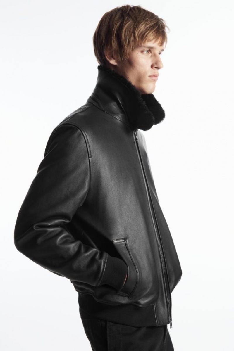 Black Cos Shearling-trimmed Leather Bomber Jacket | SWQZY3425