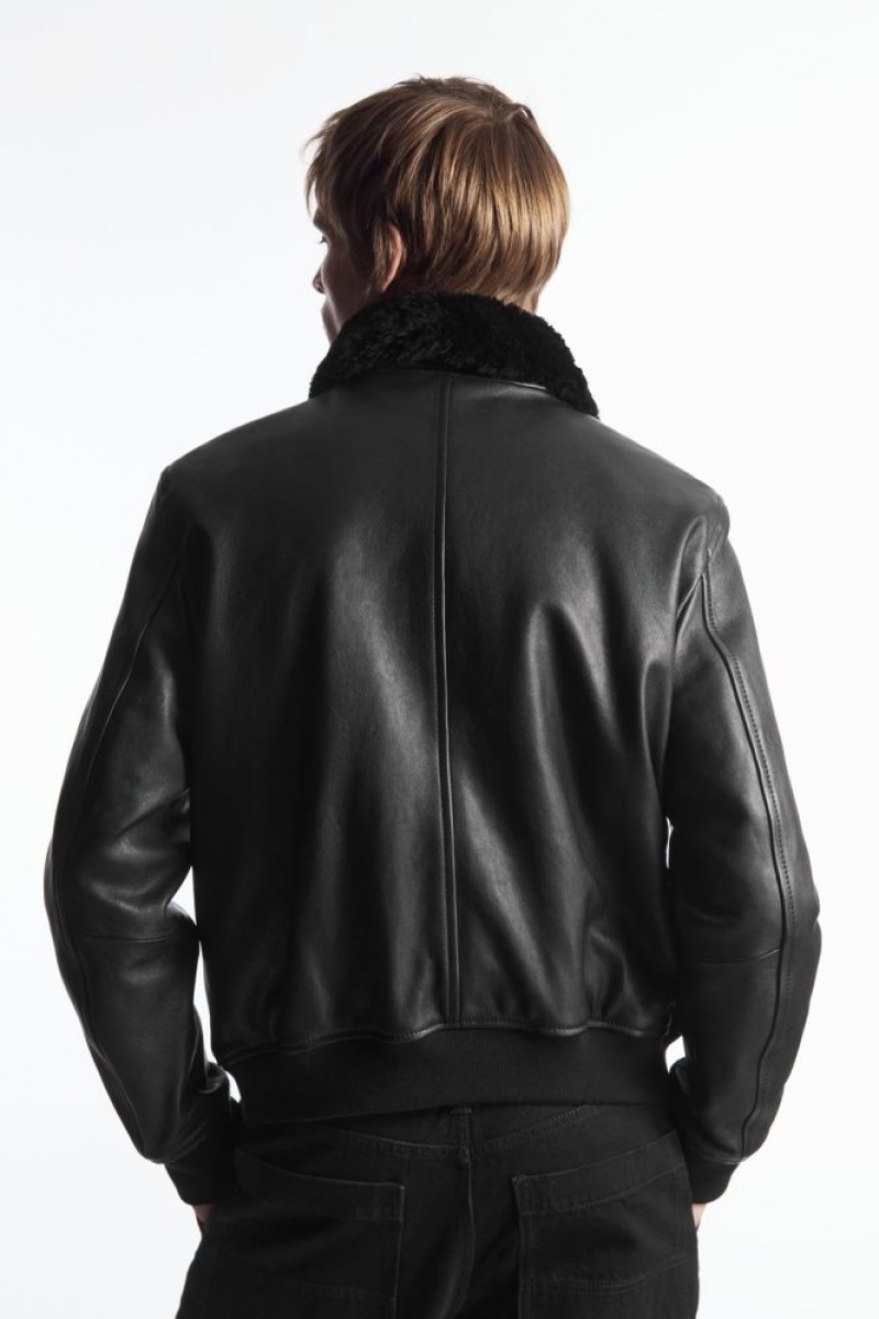 Black Cos Shearling-trimmed Leather Bomber Jacket | SWQZY3425