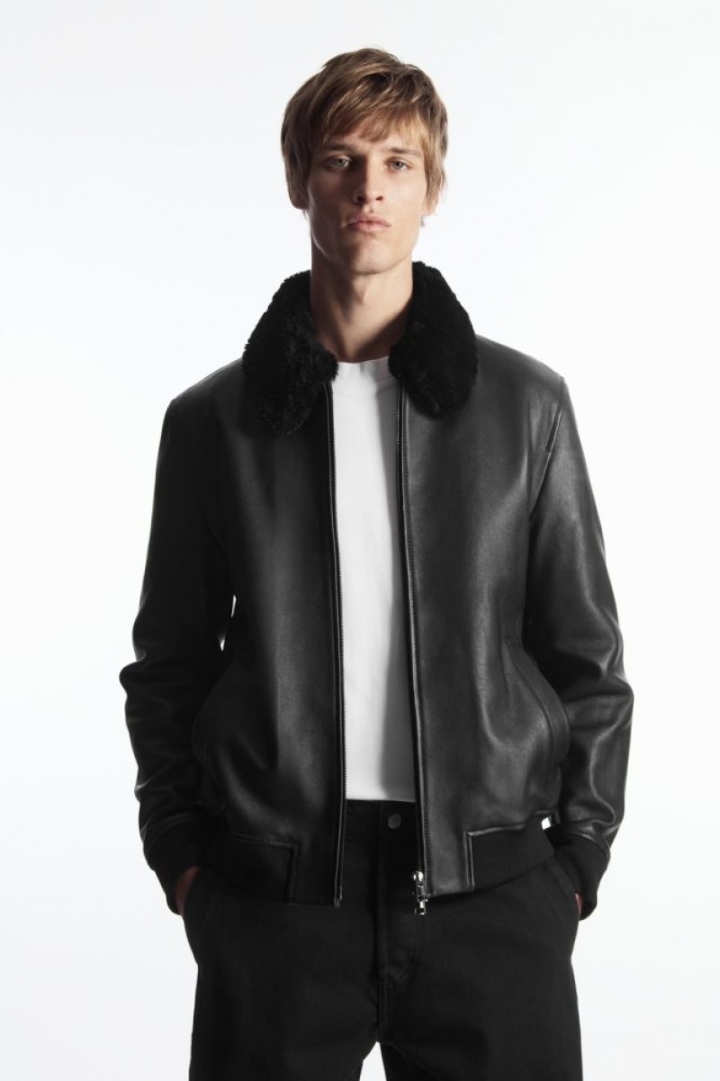 Black Cos Shearling-trimmed Leather Bomber Jacket | SWQZY3425