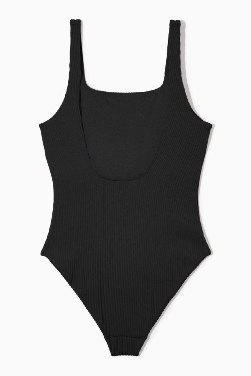 Black Cos Square-neck Ribbed Swimsuit | ADLCS4687