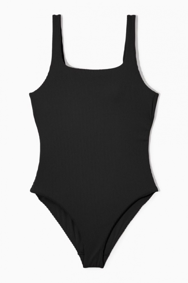 Black Cos Square-neck Ribbed Swimsuit | MJHFQ6501