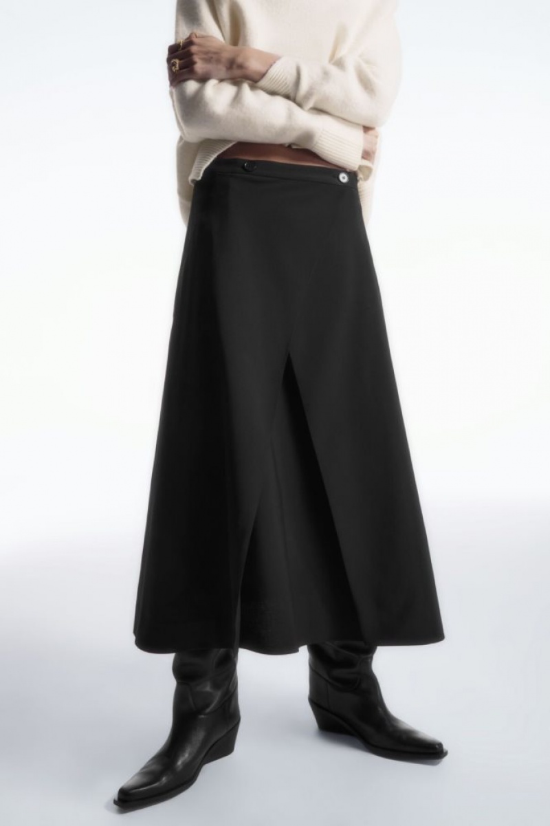 Black Cos Tailored Wool Midi Wrap Skirt | WABZP2697