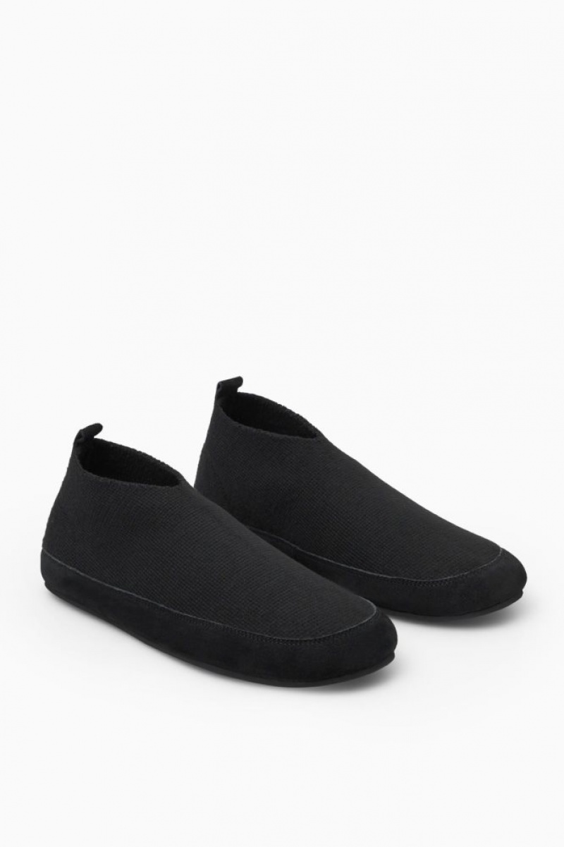 Black Cos Teddy-lined Knitted Slippers | CTHNG1793