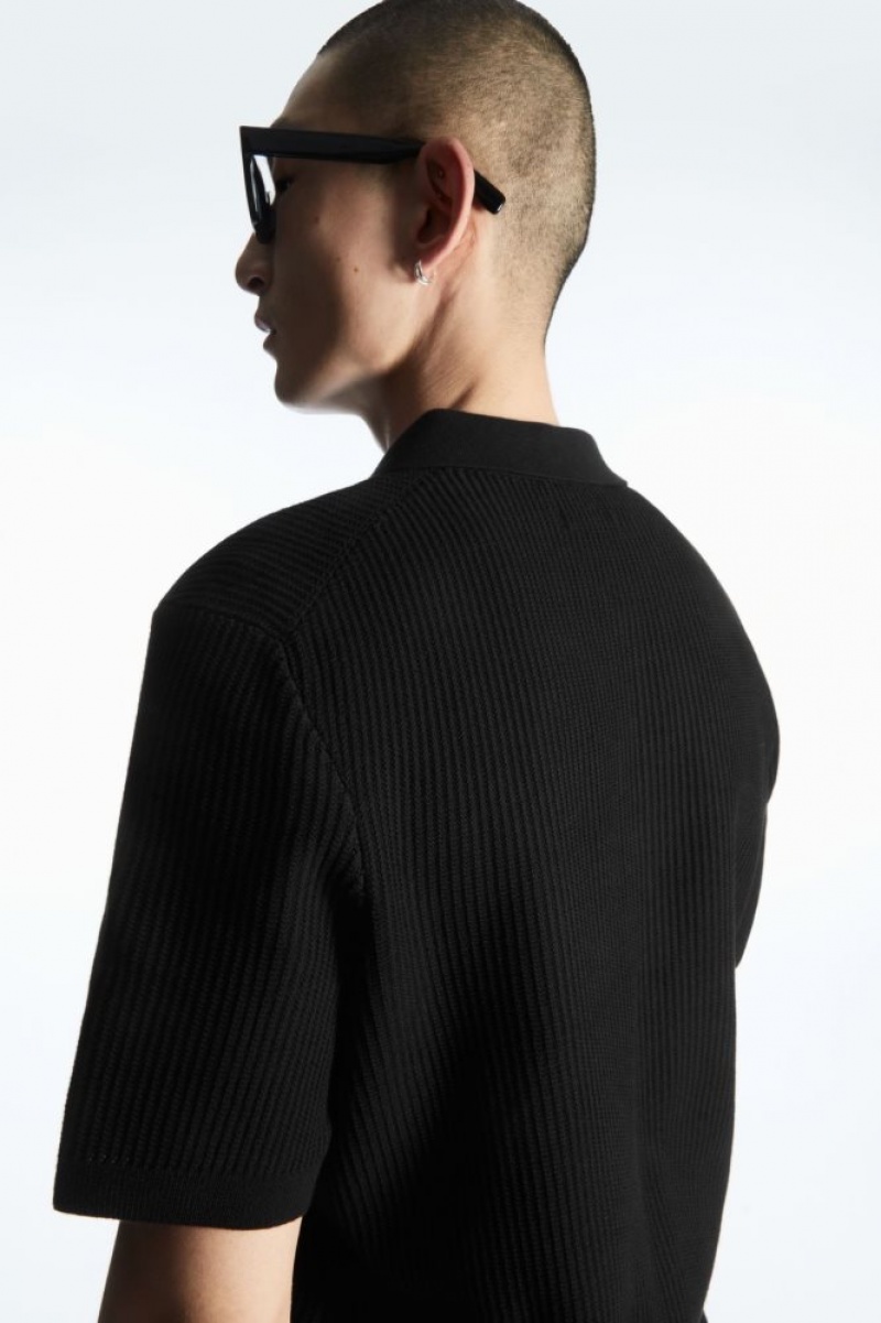 Black Cos Textured Knitted Polo Shirt | IABGF7924