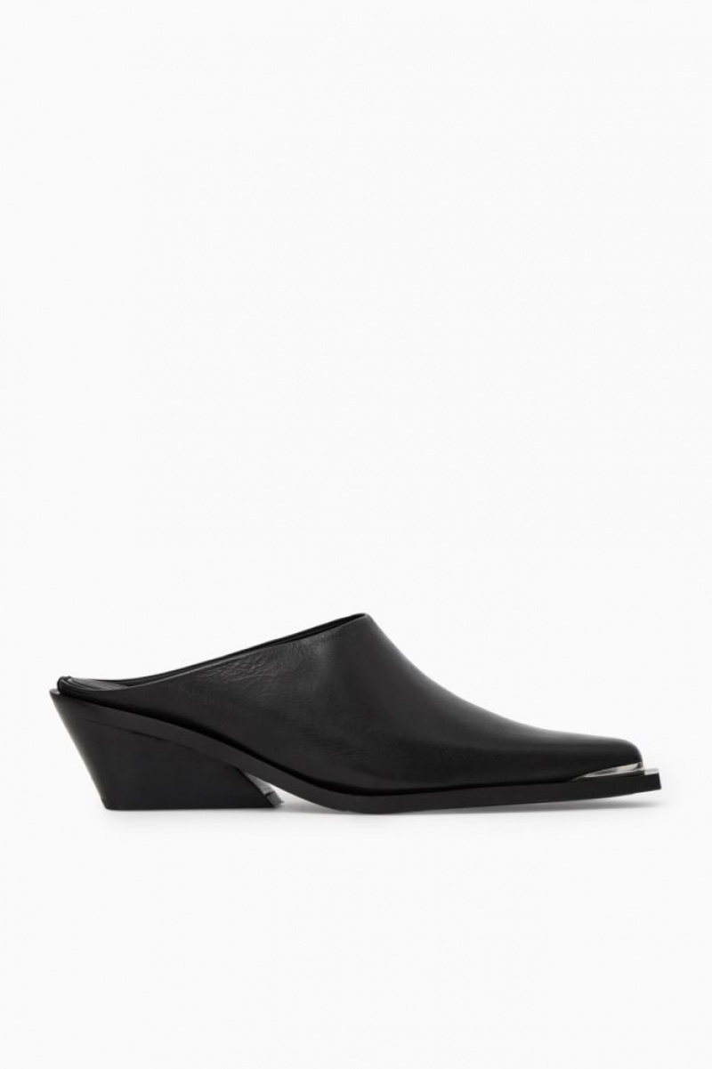 Black Cos Toe-cap Leather Mules | LTRYJ0593