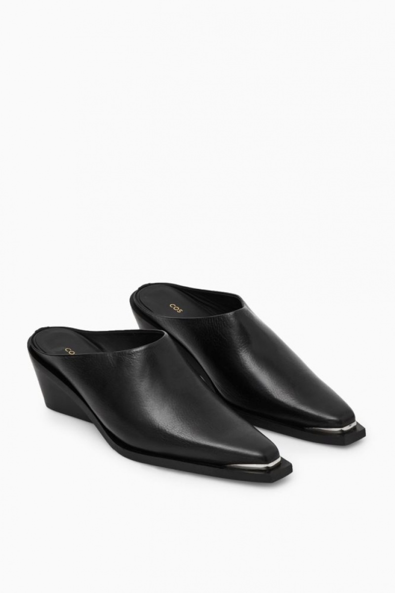 Black Cos Toe-cap Leather Mules | LTRYJ0593