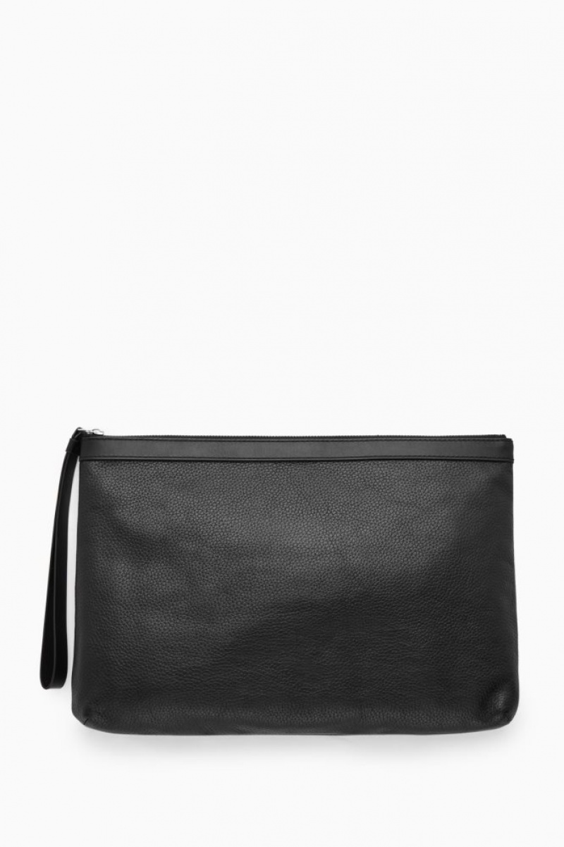 Black Cos Zipped Folio Pouch - Grained Leather | ZNYUB5692