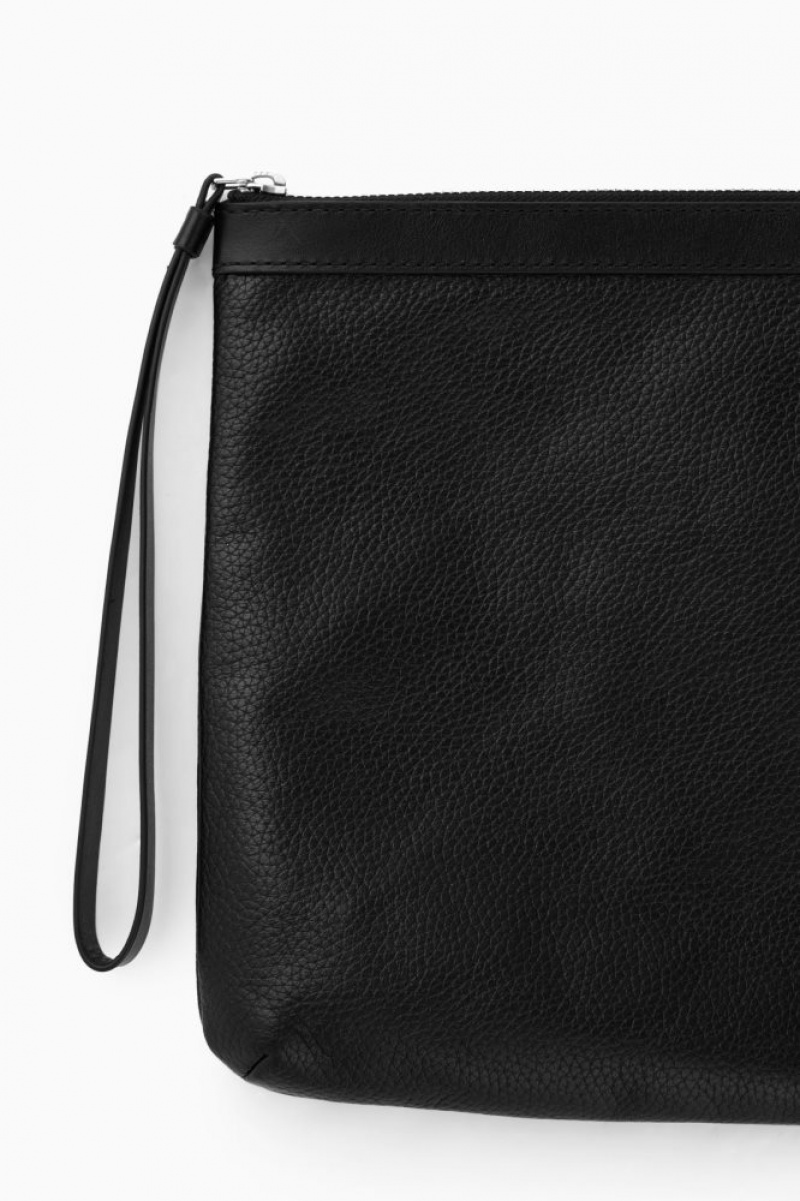 Black Cos Zipped Folio Pouch - Grained Leather | ZNYUB5692