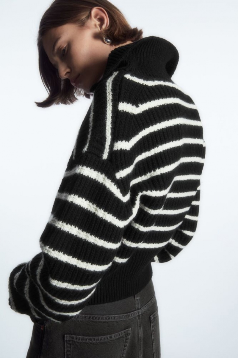 Black / White Cos Half-zip Funnel-neck Wool Sweater | ICLJE8325