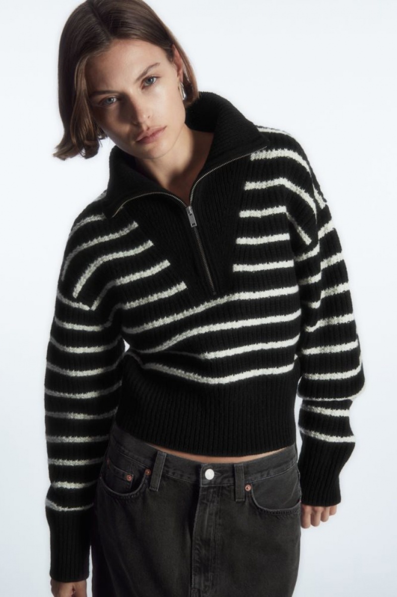 Black / White Cos Half-zip Funnel-neck Wool Sweater | ICLJE8325