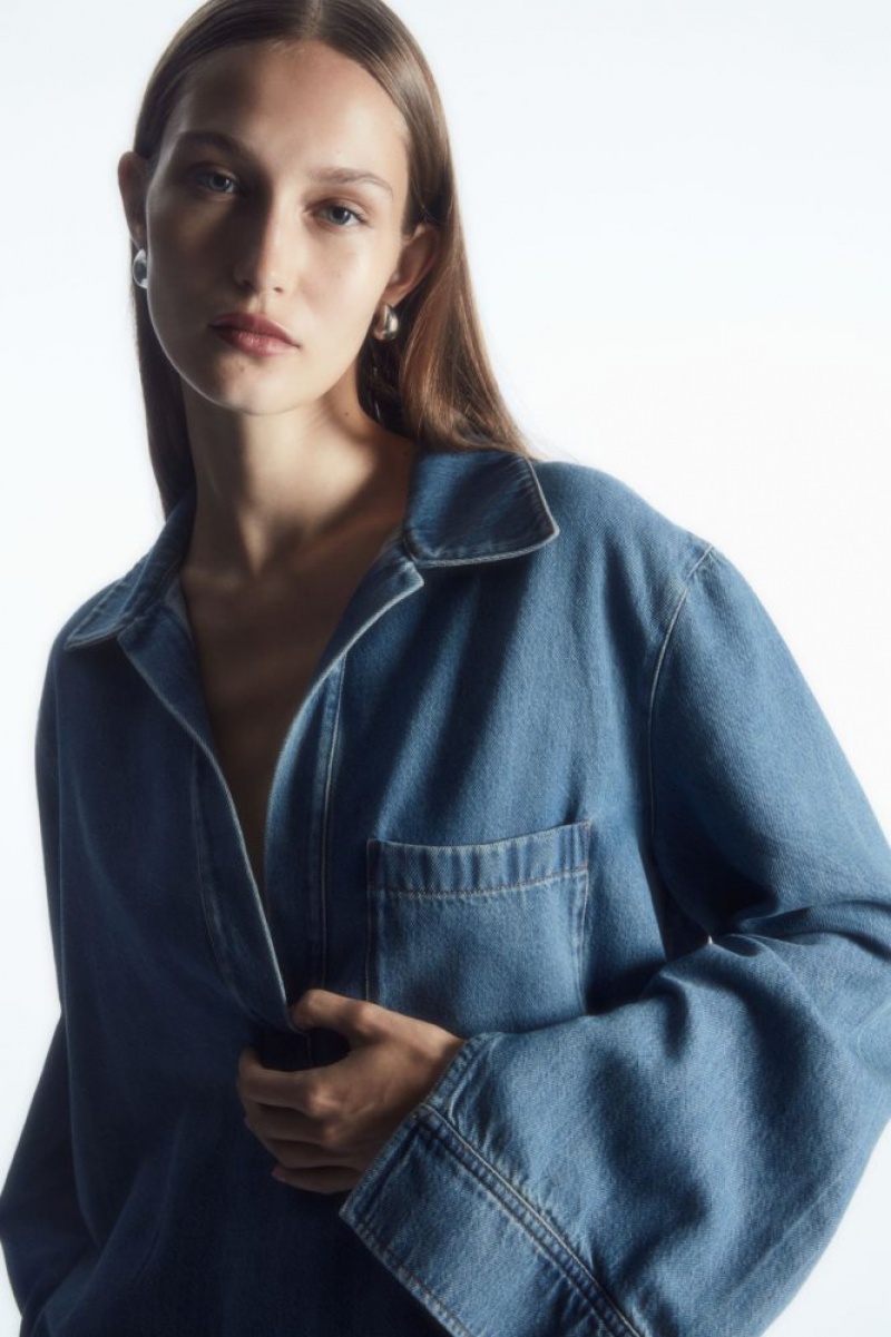 Blue Cos Collared V-neck Denim Top | CGMPE6893