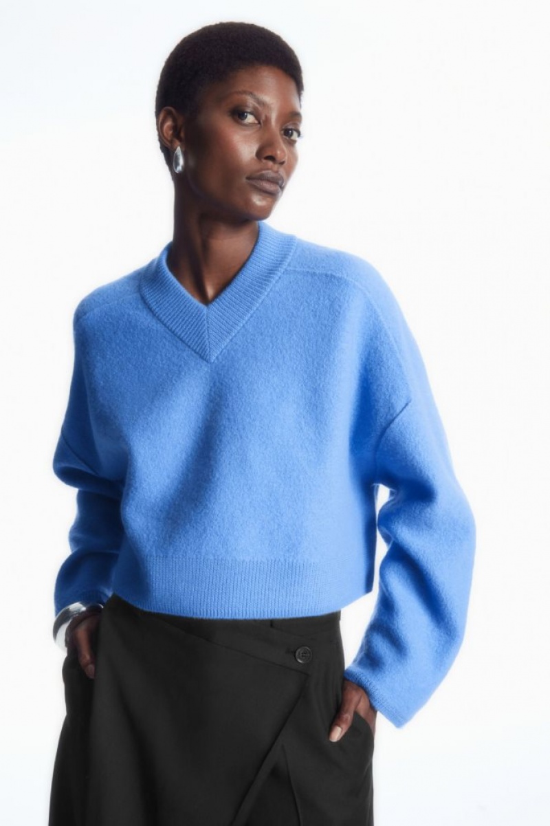 Blue Cos Cropped V-neck Wool Sweater | CLBAM3865